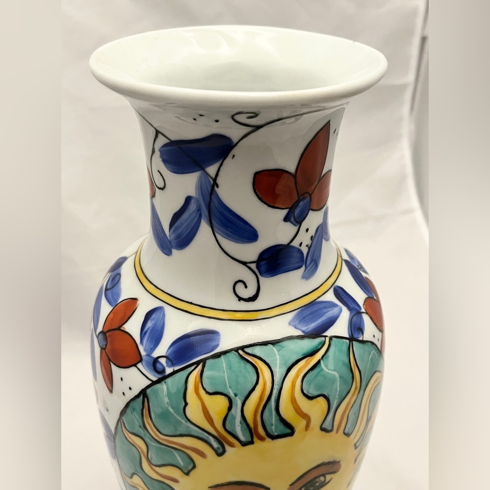 **SOLD** Hand-Painted Sunburst Ceramic Vase, 12 inch tall, MCM Home Decor EUC - Picture 4 of 14